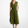 Vestido midi con cinturón de popelina de algodón elástico