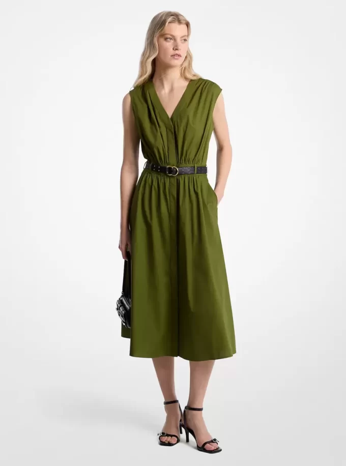 Vestido midi con cinturón de popelina de algodón elástico