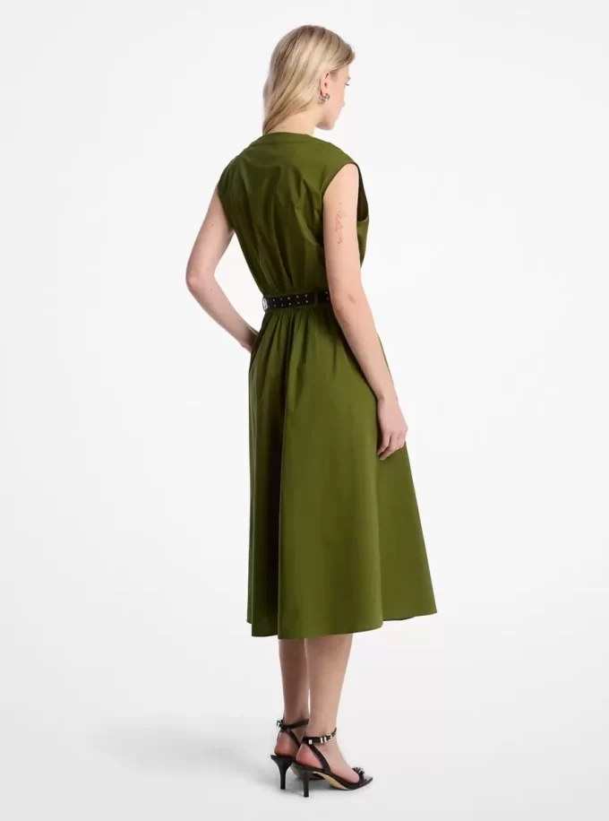 Vestido midi con cinturón de popelina de algodón elástico