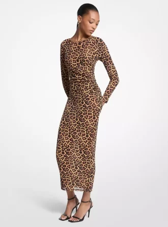 Vestido midi de malla de nailon con estampado de leopardo