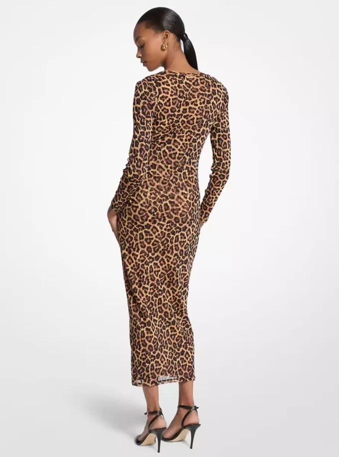 Vestido midi de malla de nailon con estampado de leopardo Vestido midi de malla de nailon con estampado de leopardo