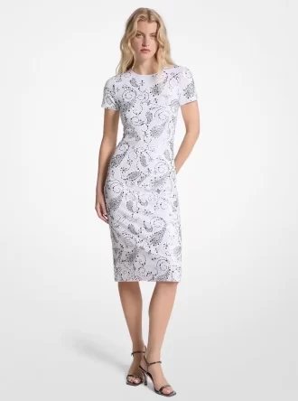 Vestido midi de neopreno con estampado paisley y tachuelas