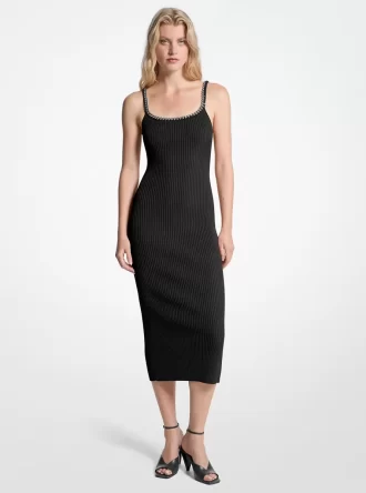 Vestido midi de punto elástico con canalé de cadena