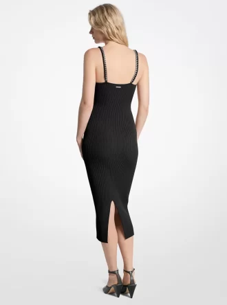 Vestido midi de punto elástico con canalé de cadena