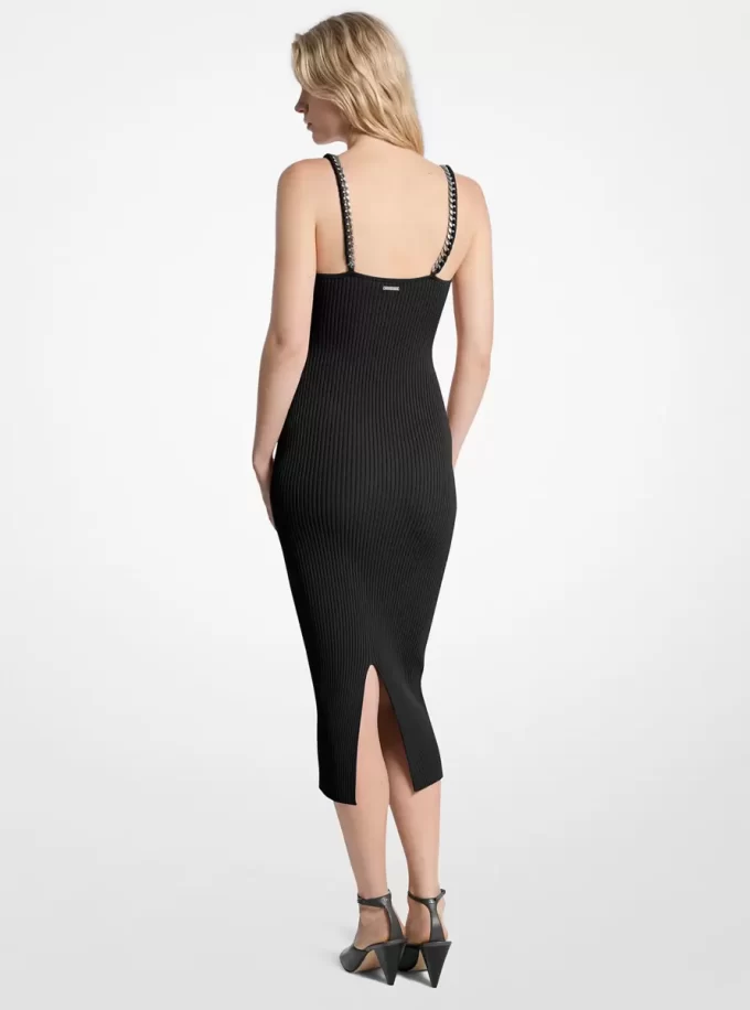 Vestido midi de punto elástico con canalé de cadena Vestido midi de punto elástico con canalé de cadena