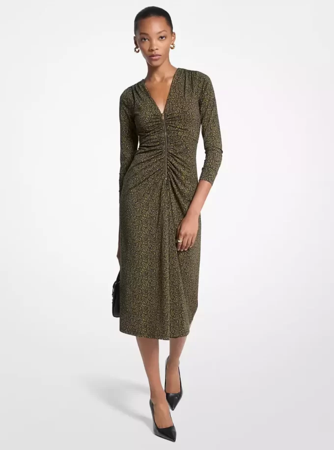 Vestido midi de punto elástico mate con estampado paisley Vestido midi de punto elástico mate con estampado paisley