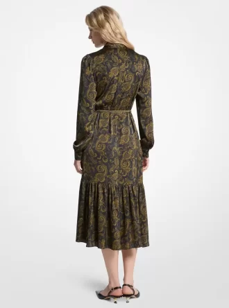 Vestido midi de satén con estampado paisley y cuello con lazo
