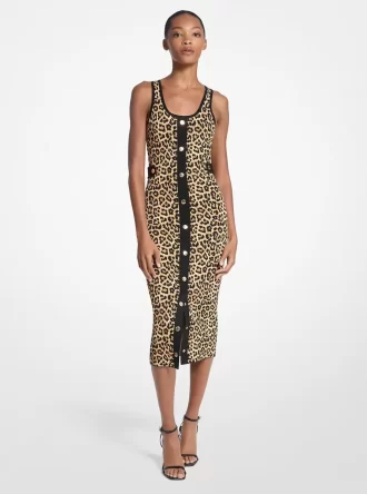 Vestido midi de tirantes de viscosa elástica con estampado de leopardo