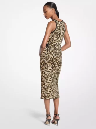 Vestido midi de tirantes de viscosa elástica con estampado de leopardo