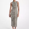 Vestido midi fruncido de punto elástico con estampado de serpiente