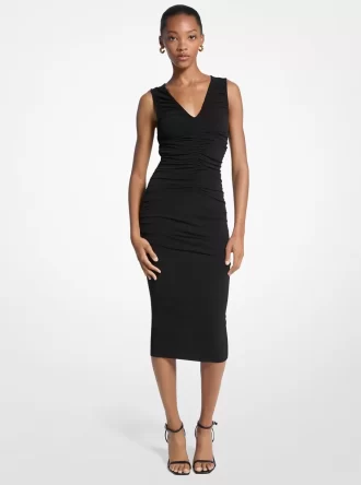 Vestido midi fruncido de punto elástico mate