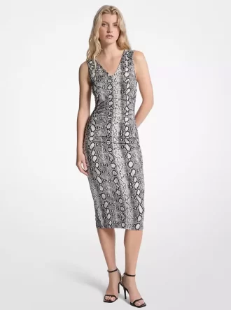 Vestido midi fruncido de punto elástico mate con estampado de serpiente