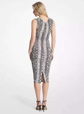 Vestido midi fruncido de punto elástico mate con estampado de serpiente