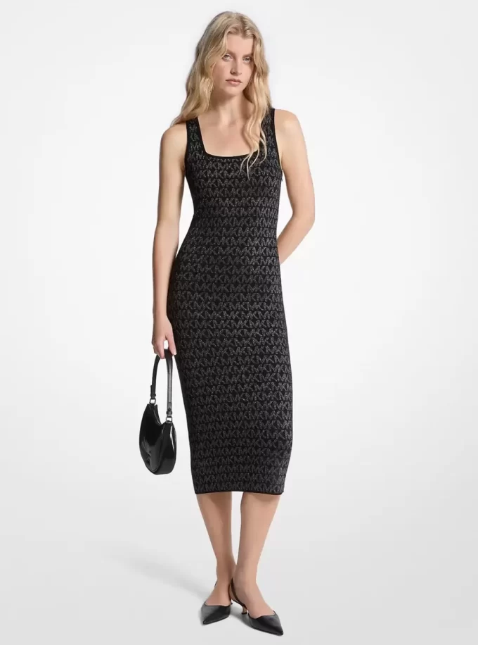 Vestido midi jacquard con logo metálico Vestido midi jacquard con logo metálico