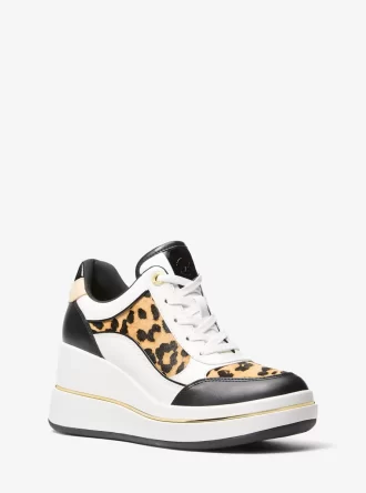 Zapatillas de cuña Emmy de piel y pelo de becerro con estampado de leopardo