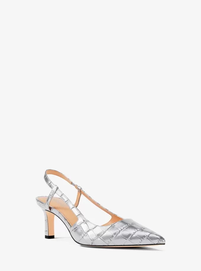 Zapato de tacón con tira trasera Alora de piel metalizada con relieve de cocodrilo Zapato de tacón con tira trasera Alora de piel metalizada con relieve de cocodrilo