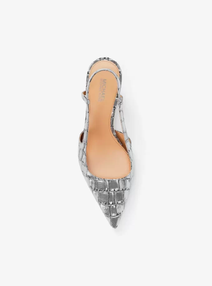 Zapato de tacón con tira trasera Alora de piel metalizada con relieve de cocodrilo Zapato de tacón con tira trasera Alora de piel metalizada con relieve de cocodrilo